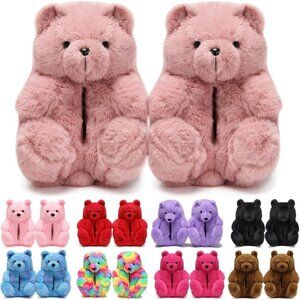 Women's Cute Fuzzy Pink Teddy Bear Slippers Cozy Cartoon Indoor Shoes